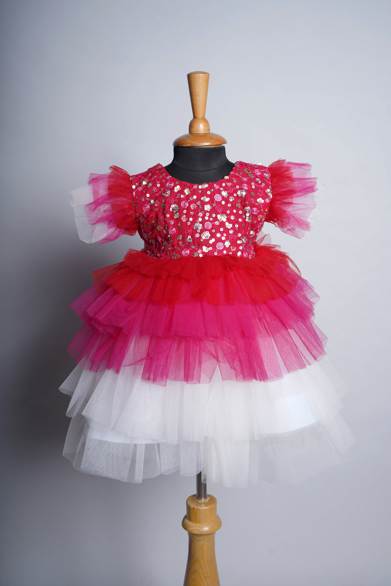 Dark Pink Embroidery Fabric and White Pink Red Girl Kid Birthday Dress