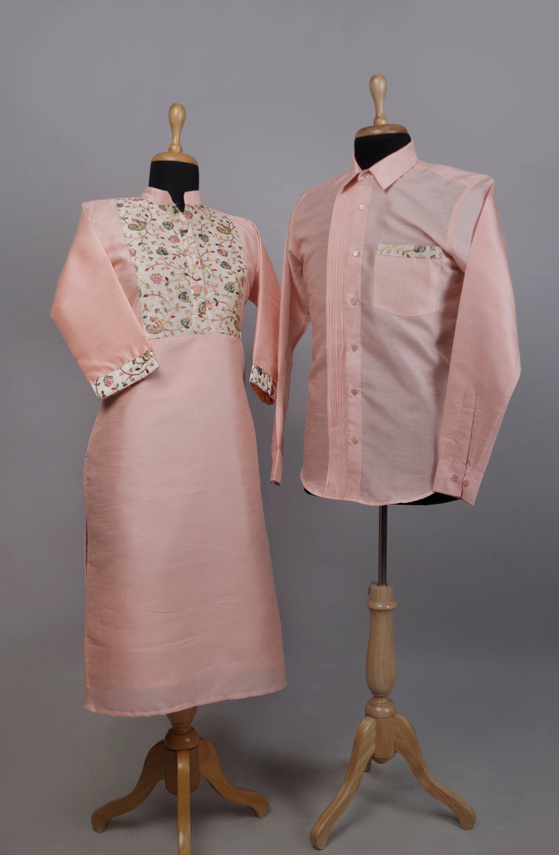 Peach with Half white Embroidery Couple Combo Matching Set