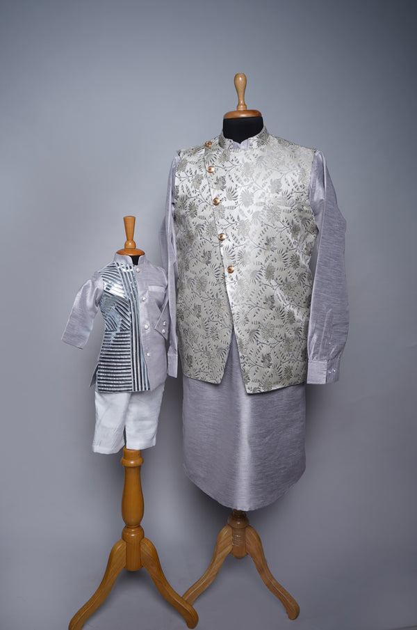 Silver Rawsilk and Brocade with Metal Stripes Dad and Son Combo