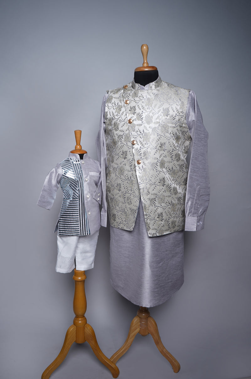 Silver Rawsilk and Brocade with Metal Stripes Dad and Son Combo