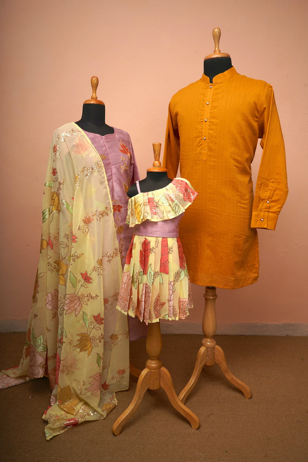 Yellow and Mauve Sequin Indowestern wear