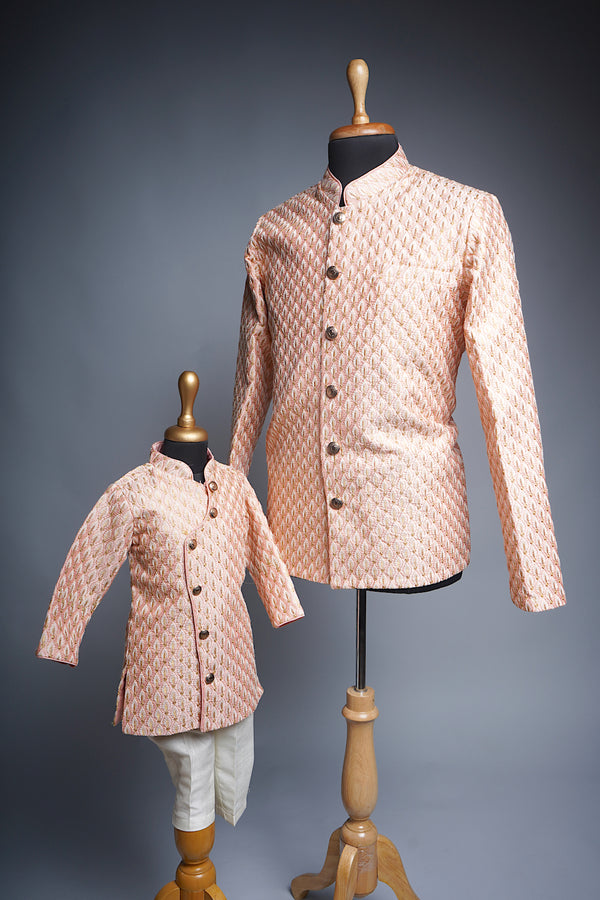 Peach Embroidery Fabric and White Rawsilk Dad and Son Combo