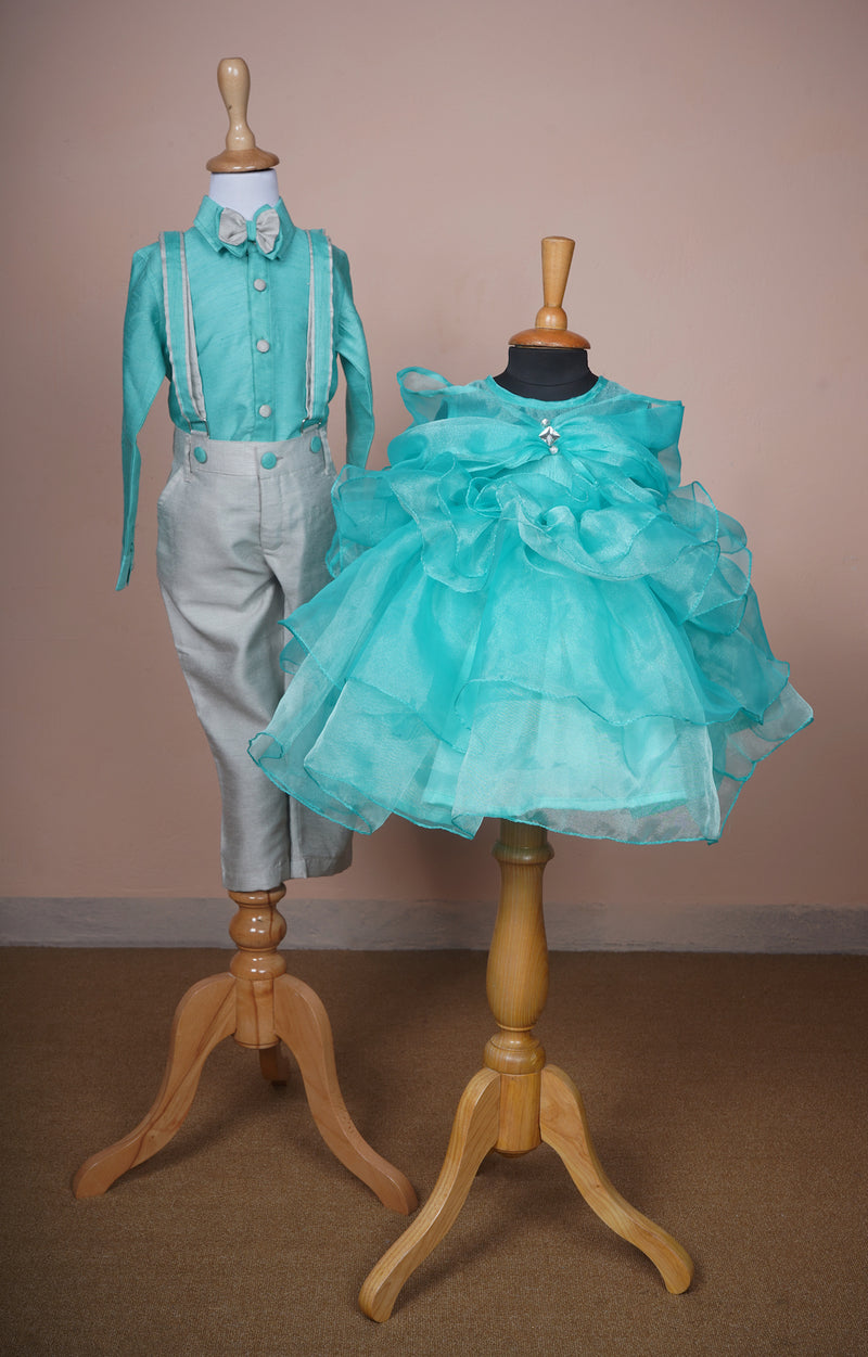 Aqua Green Rawsilk and Organza Siblings Combo