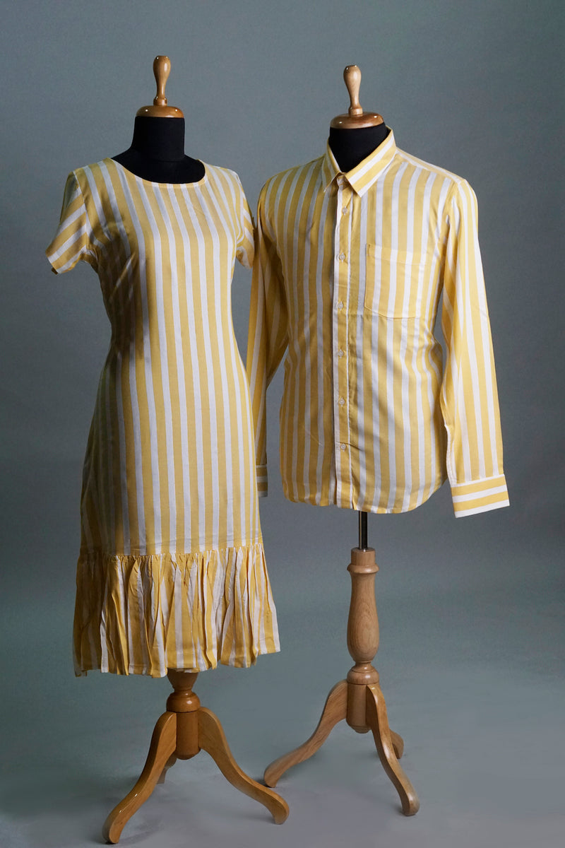 Yellow White Striped Couple Combo Matching Set