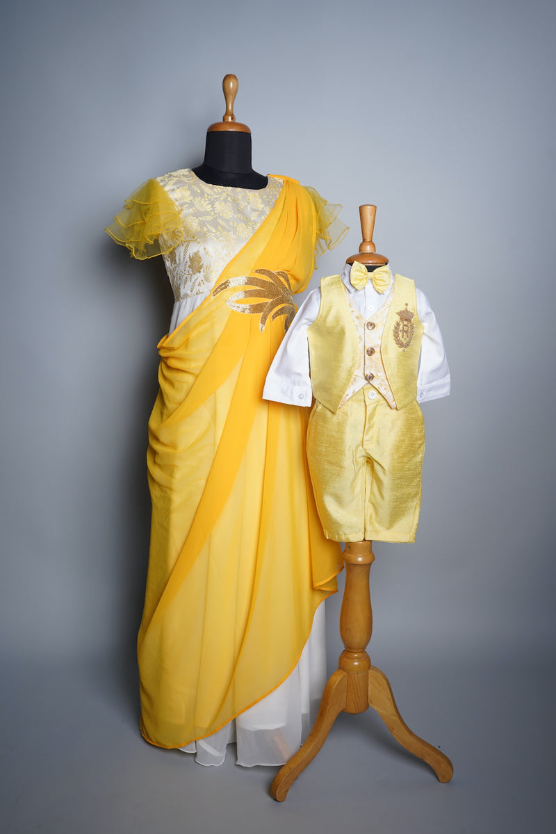Yellow and Half White Bahubali Brocade and Rawsilk Mom and Son Combo set