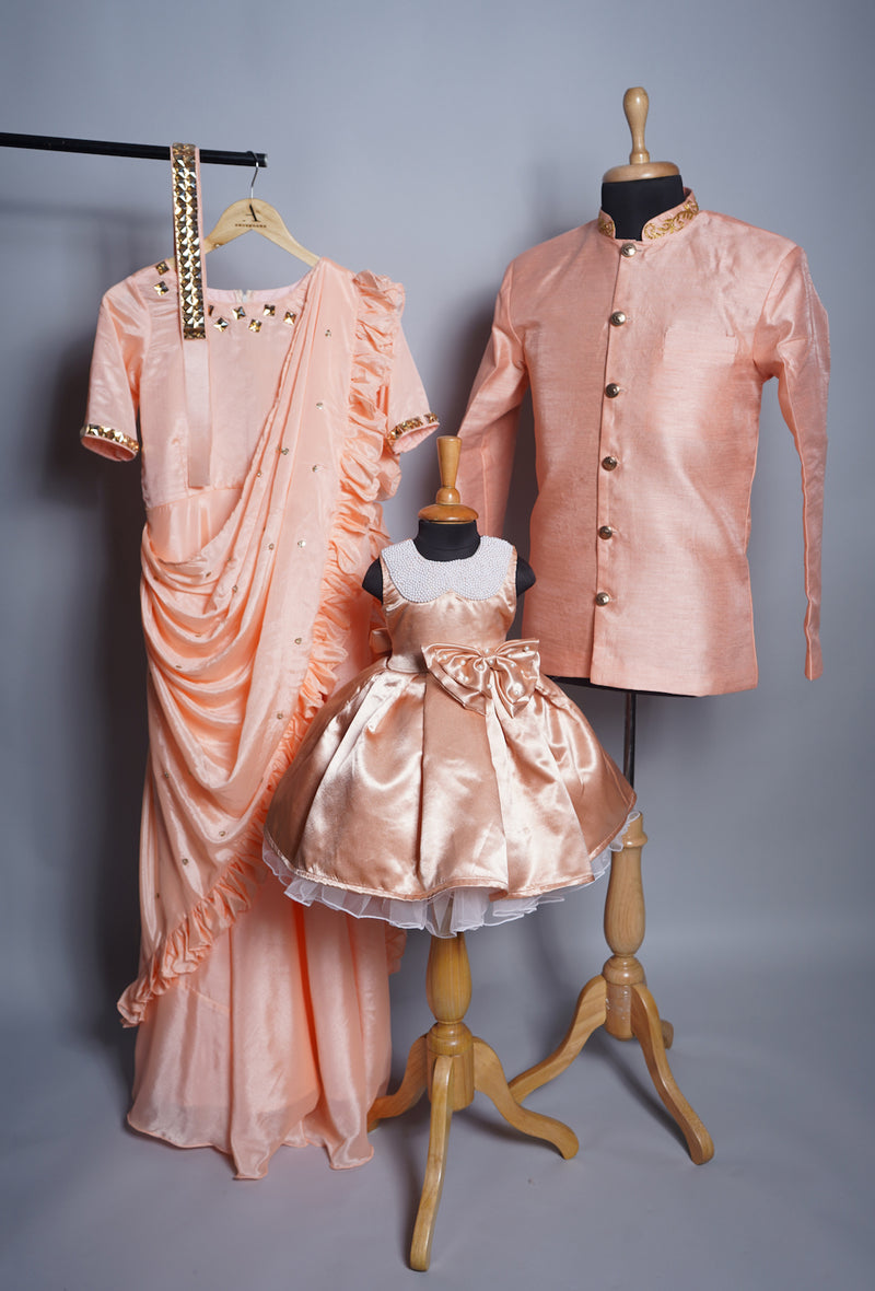 Peach Chinon and Rawsilk and Satin with Speacial Hand made Pearl Work in Family Clothing