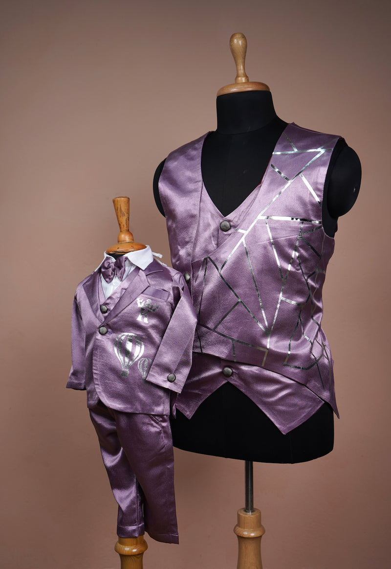 Lavender Satin and White Cotton with Special Foil work in Dad and Son Combo