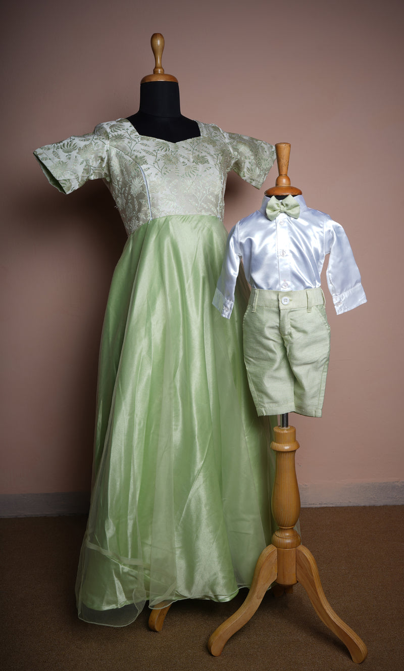 Light Green Jaquard and Satin and Plain net with Rawsilk and White Satin Shirt Mom and Son Combo
