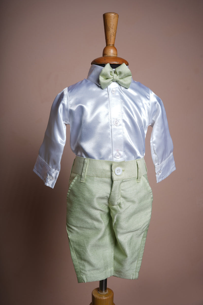 Light Green Rawsilk Pant and White Satin Shirt Boy kid Birthday Wear