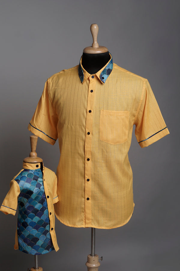 Yellow With Fish Scale Fabric Dad and Son Combo Combo Matching Set