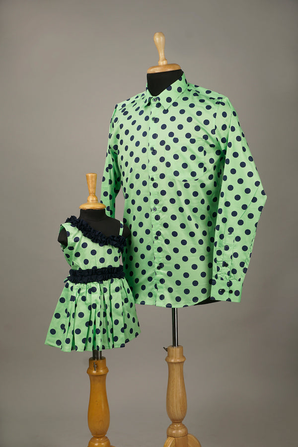Green With Bule Dot Dad & Daughter Combo Matching Set