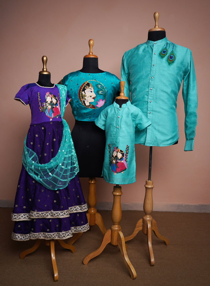 Aqua Green Rawsilk and Silk with Special Hand Painting Family Clothing