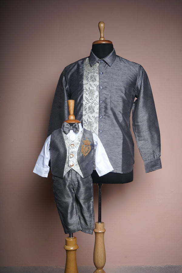 Grey Jaquard and Rawsilk with Special Embroidery Work in Dad and Son Combo