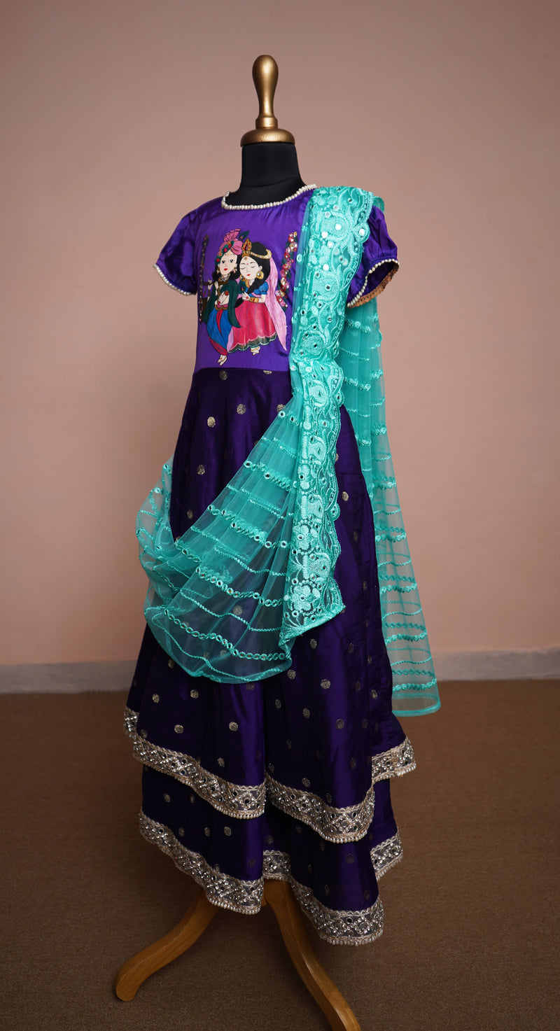 Violet Silk with Aqua Green Glass Worked net with Special Hand Painting Girl kid Traditional Wear