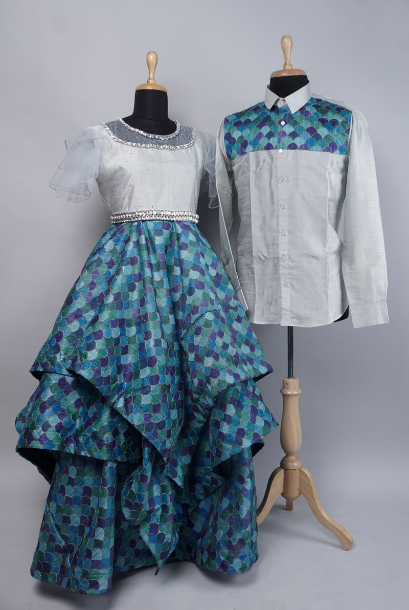 Peacock Blue Position Embroidered  Couple Combo Matching Set