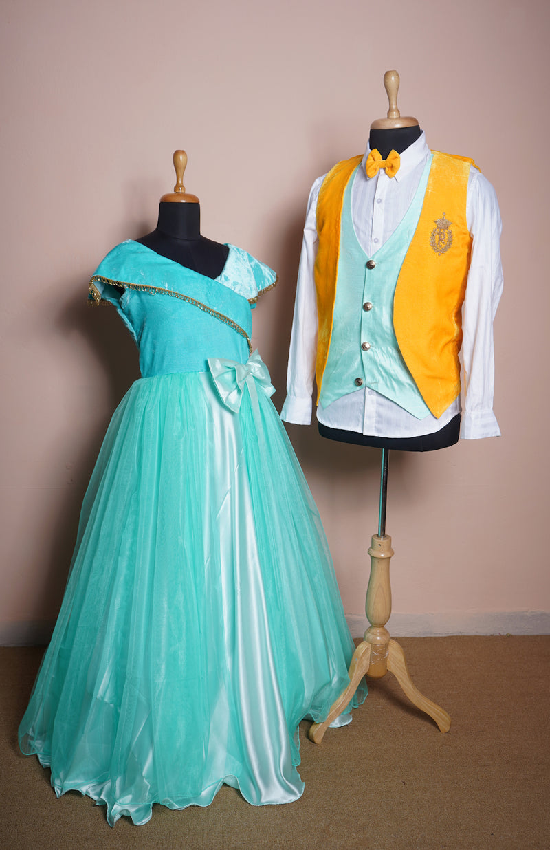 Aqua Green Velvet and Yellow Velvet with Speacial Embroidery work in Couple Clothing