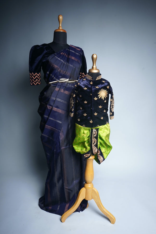 Navy Blue Velvet and Green Brocade Silk Saree with Speacial Embroidery work in Mom and Son Combo