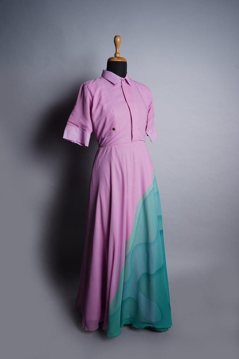 Pink Plain Georgette and Aqua Green Highlights in Womens Dress