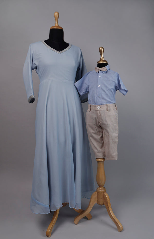 Sky Blue Cotton Mom and Son Combo Matching Set