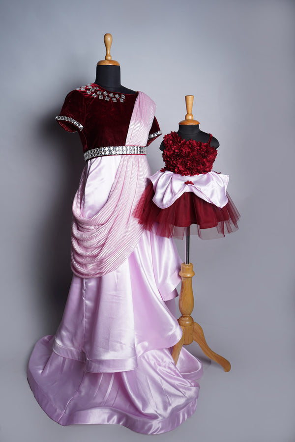 Maroon Velvet and Pink Satin and Foil Pleated with Special Stone work in Mom and Dughter Combo