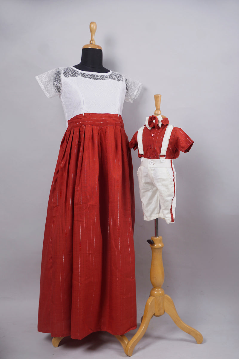 Red With White Semi Grand Mom and Son Combo Matching Set