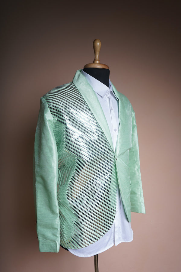 Aqua Green Rawsilk and White Cotton with Metal Stripes work in Mens Suit