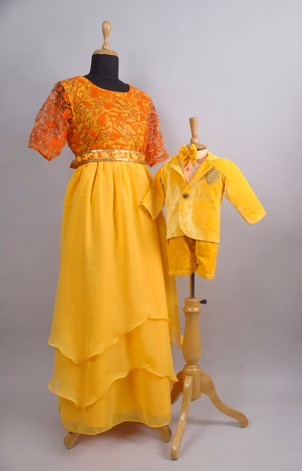 Yellow with Orange Functional Mom and Son Combo Matching Set