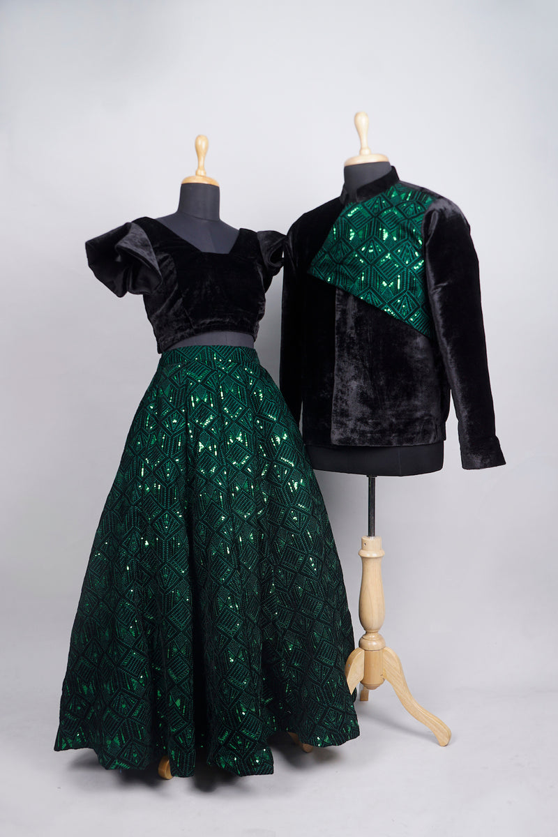 Black with Green Sequin Grand Party Couple Combo Matching Set
