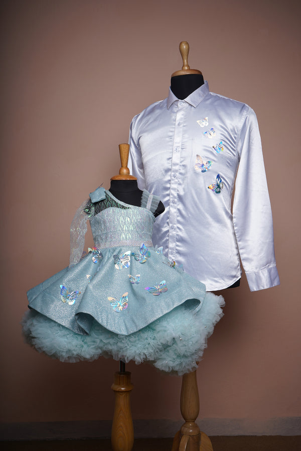 Light Blue Glitter Fabric and Holographic Organza and White Satin with Special Butterfly work in Dad and Daughter Combo