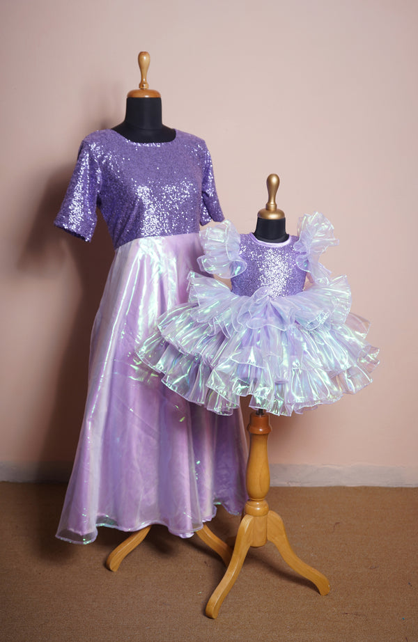 Lavender Plain Sequin and Plain Glass Organza Mom and Daughter Combo