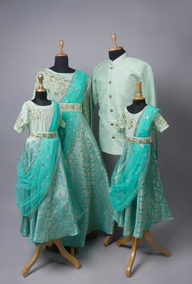 Light Green Therad Embroidred Grand Family Combo Matching Set