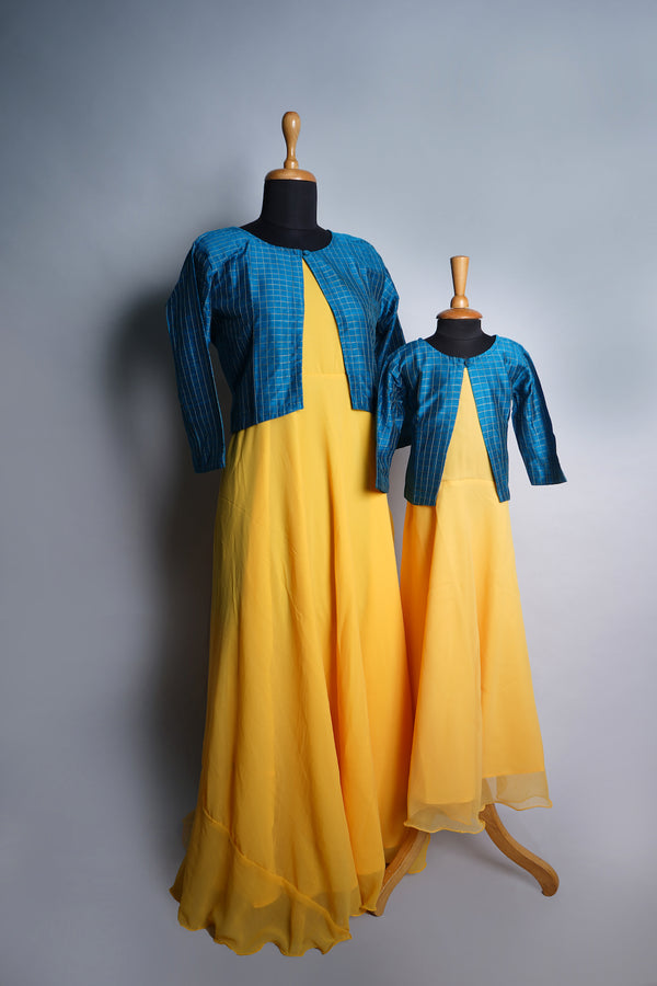 Yellow Georgette and Slubsilk Mom and Daughter Combo