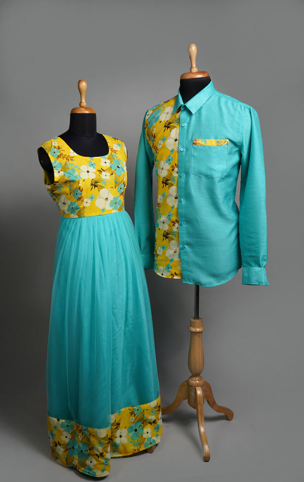 Yellow Floral Printed Georgette and Aqua Green Rawsilk and Plain Net Couple Clothing