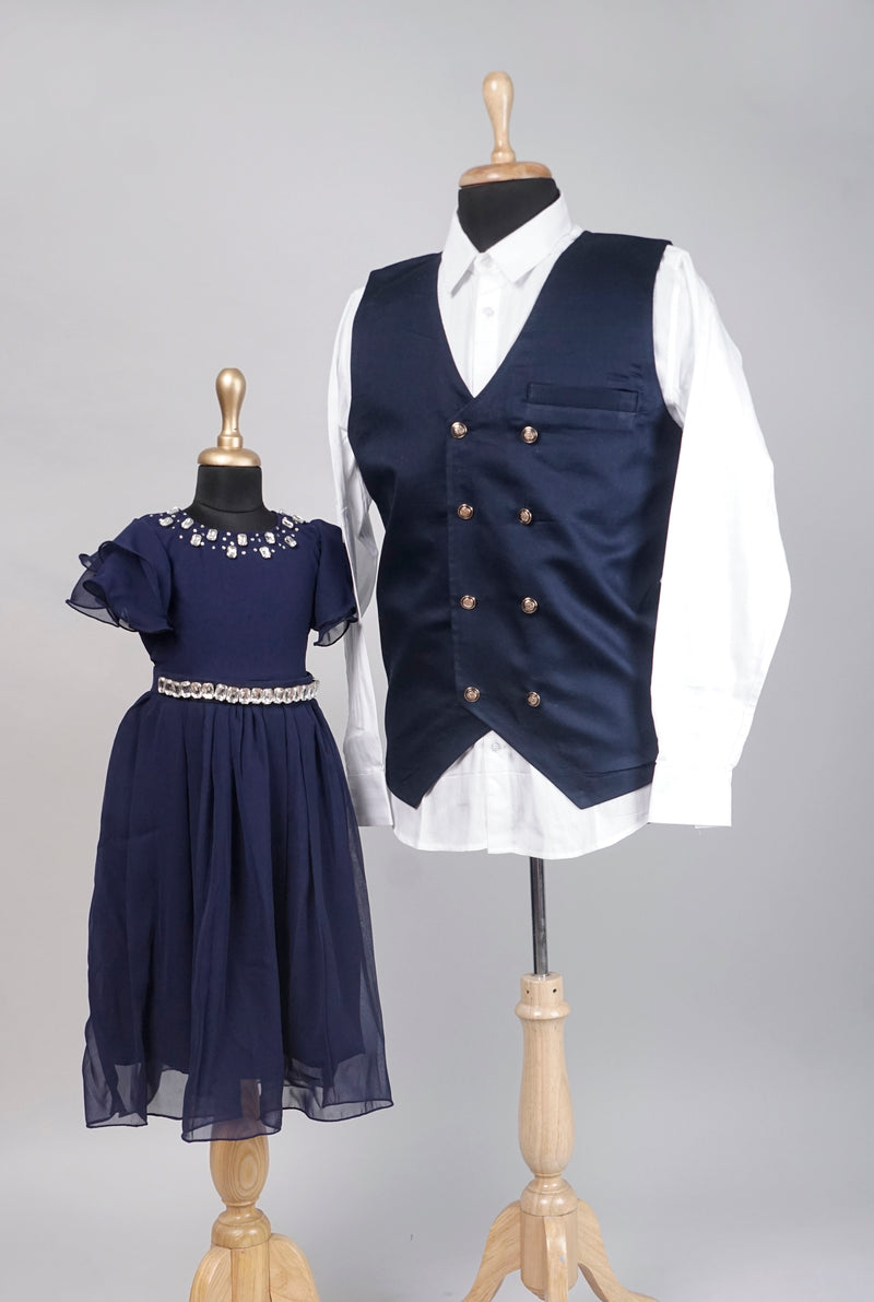 Navy Blue With White Formal Dad and Daughter Combo Matching Set