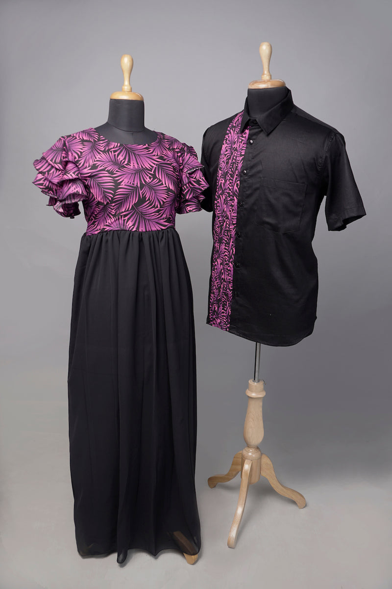 Black with Purple Printed Couple Combo Matching Set