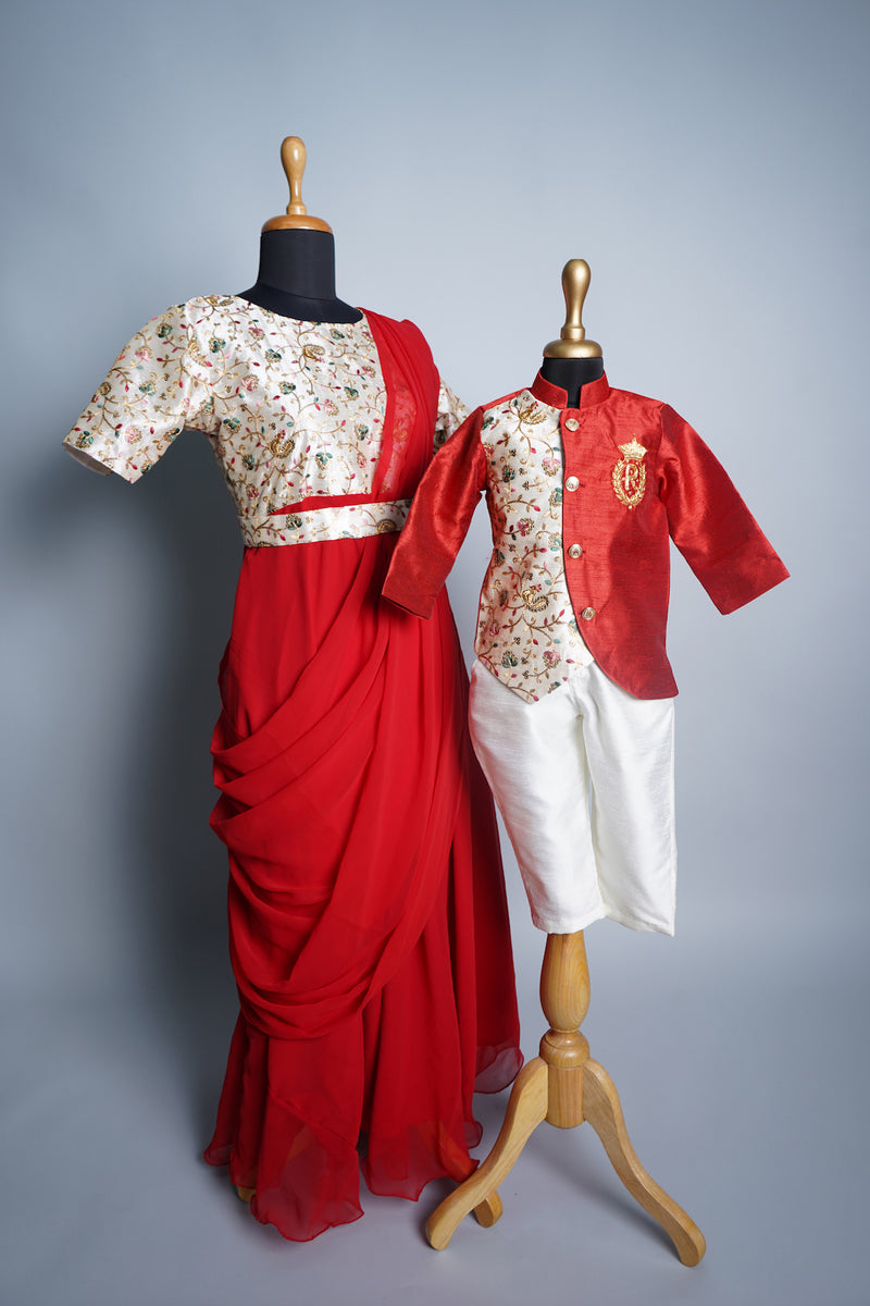 Red Rawsilk and Georgette with Embrpodery Fabric with Soeacial Embroidery work in Mom and Son Combo