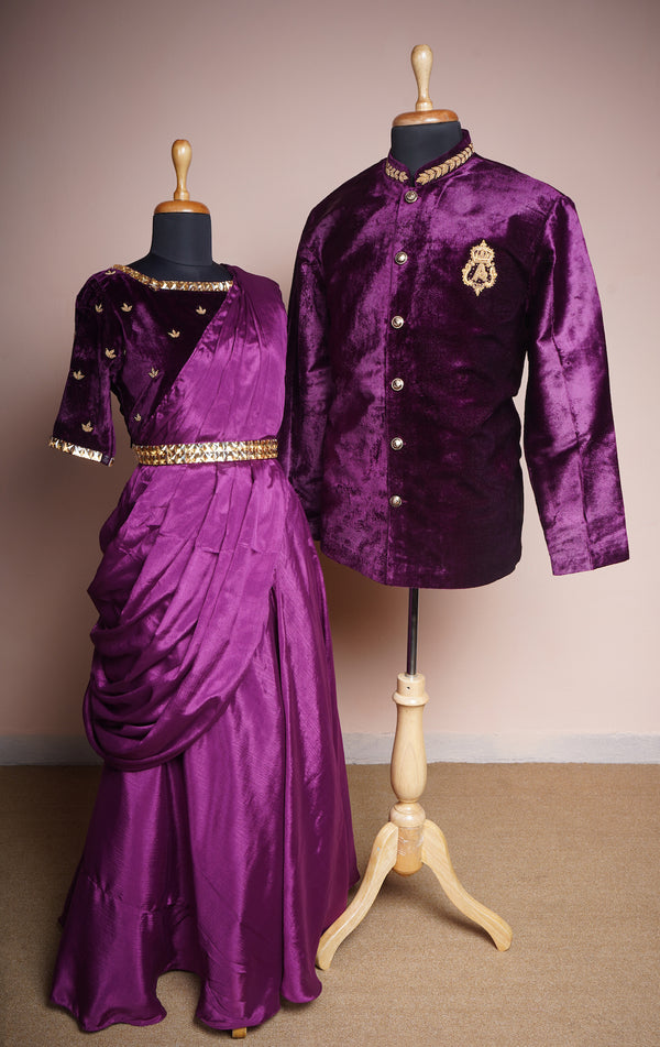 Purple Velvet and Chinon and Special Embroidery work with Gold Stone Belt In Couple Clothing