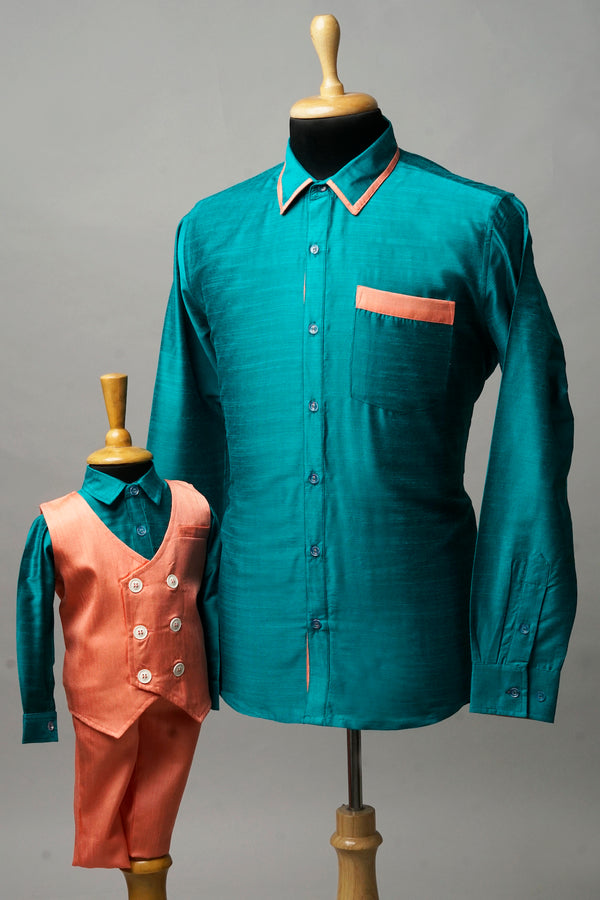Teal Green - Orange Dad and Son Combo Matching Set