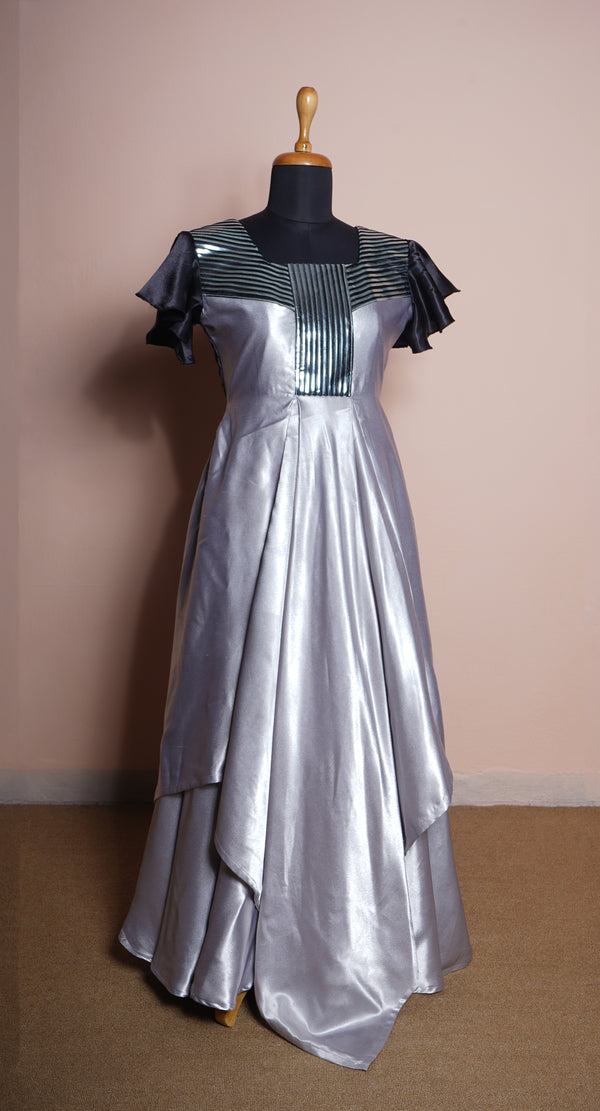 Silver and Black Satin with special Embroidery work in Womens Reception Dress