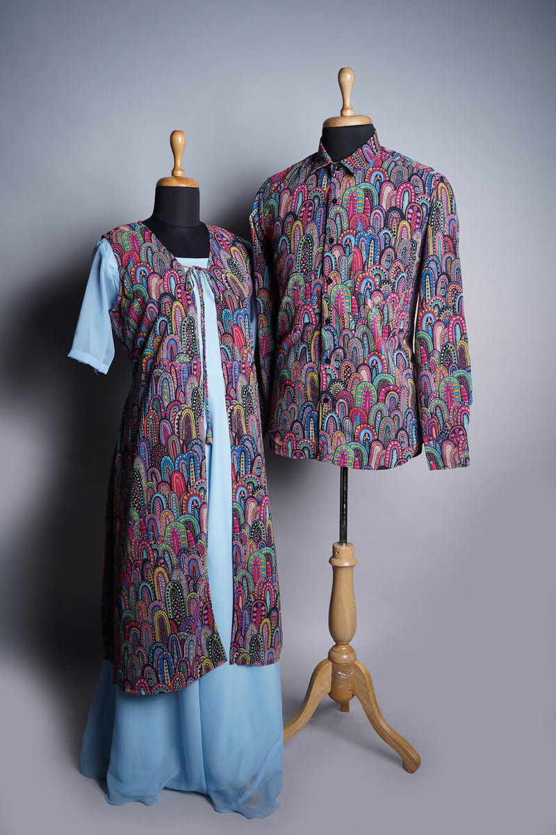 Printed Georgette and Plain Blue Georgette in Couple Clothing
