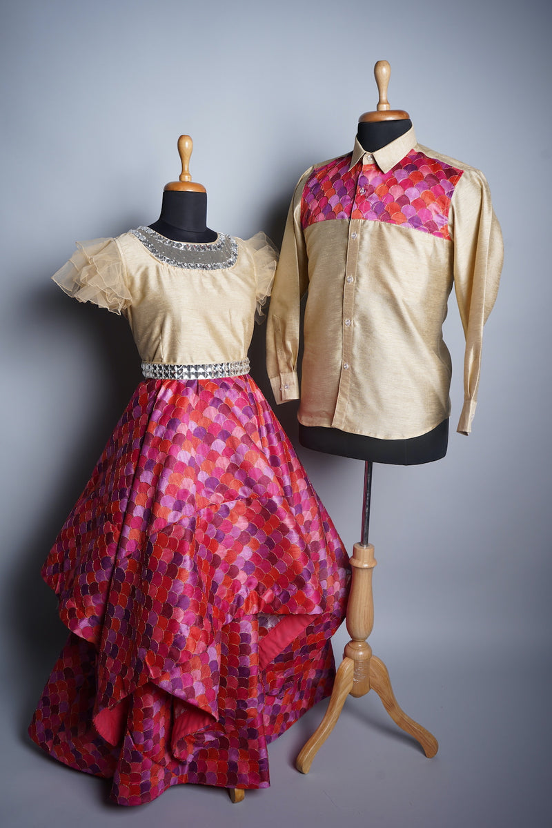 Embroidered Fabric and Rawsilk with Stone work in Couple Clothing
