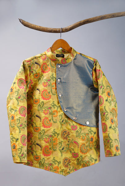 Yellow Brocade with Bluish Gold Bandgal Suit