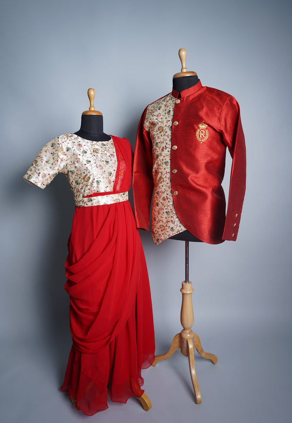 Red Rawsilk and Embroidery Fabric With Speacial Embroidery work in Couple Clothing