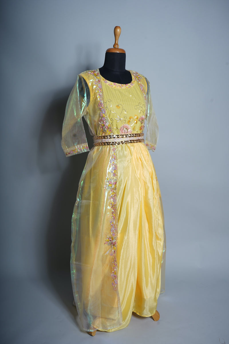 Yellow Silk organza and Sequin embroidered Georgette with Special Embroidery work in Womens Reception Dress