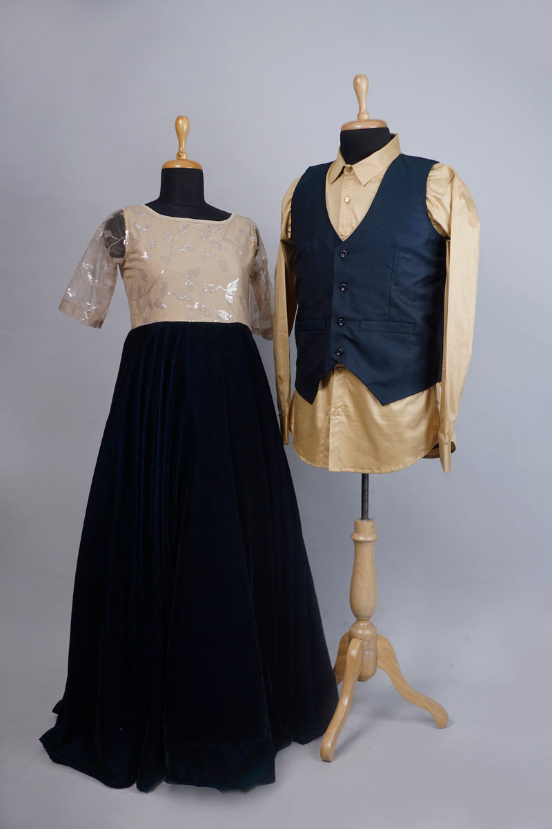 Dark Blue with Sandal Colour Semi Grand Couple Combo Matching Set