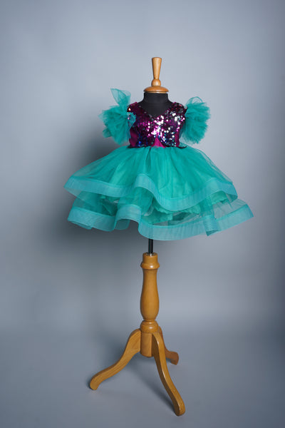 Sequin Embroidery net and Multi colour Sequin Fabric with Speacial Butterfly work in Girl kid Birthday Dress