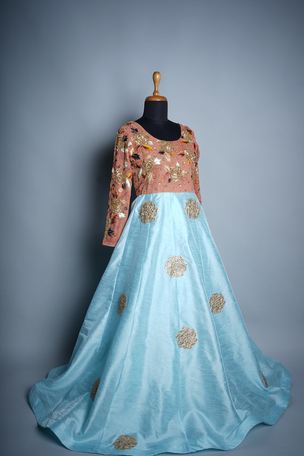 Peach Georgette and Sky Blue Rawsilk with Speacial Emroidery work in Women Reception Dress
