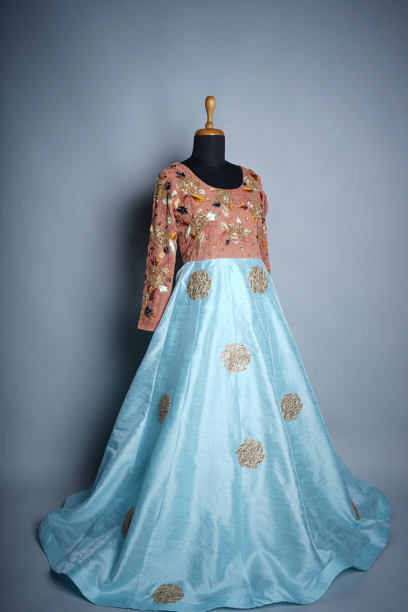 Peach Georgette and Sky Blue Rawsilk with Speacial Emroidery work in Women Reception Dress Anveshana Clothing Peach Georgette and Sky Blue Rawsilk with Speacial Emroidery work in Women Reception Dress Anveshana Clothing