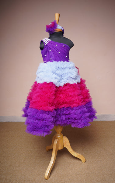 Multi Colour Net with Special Pearl and Flowers Work in Girl kid Birthday Dress