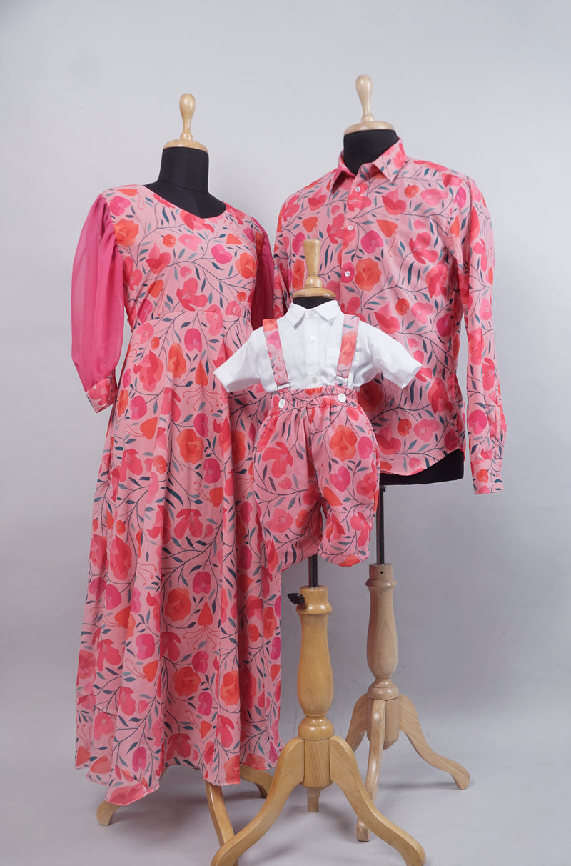 Pink Floral Printed Georgette Family Combo Matching Set